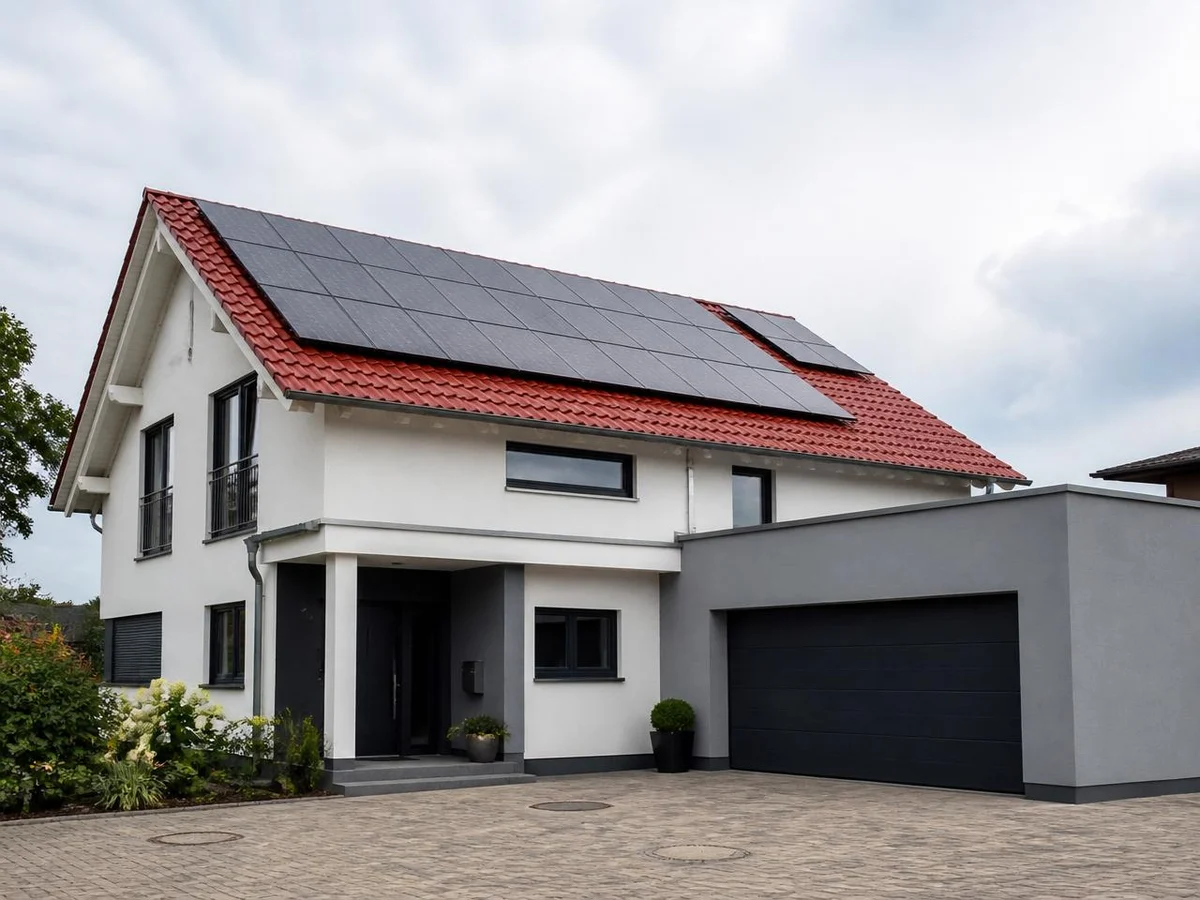 Photovoltaikmodule auf einem roten Ziegeldach eines Einfamilienhauses