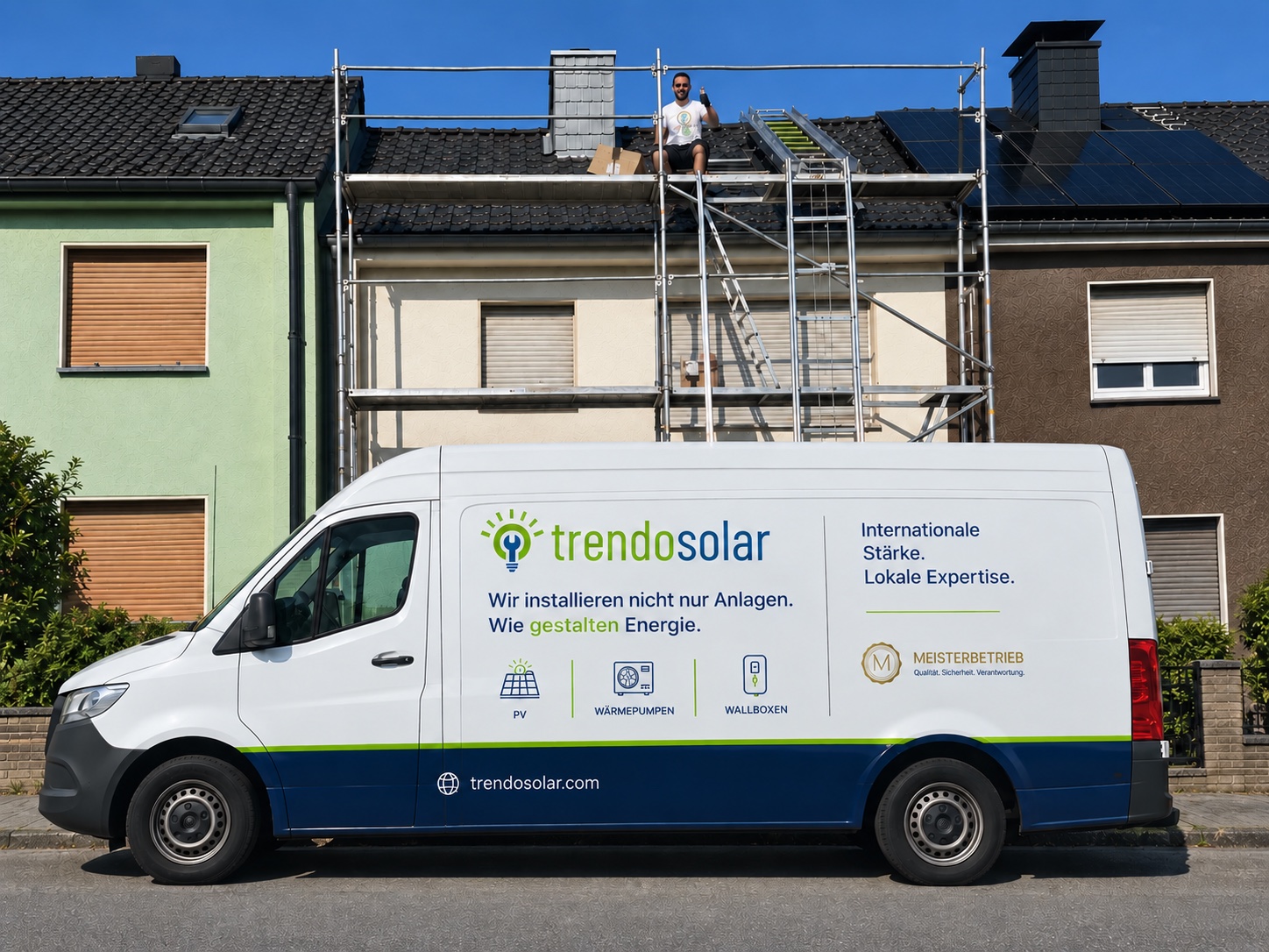 Trendosolar-Fahrzeug vor einem Haus mit Photovoltaik